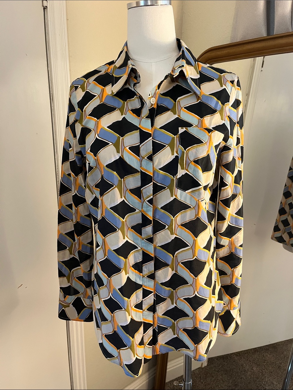 Milly Geometric Print Shirt Jacket in Blue, Black & Yellow